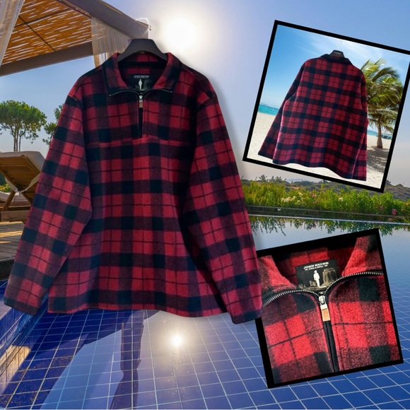 John Wayne Wooly Fleece Men's Pull Over Sweater XL Zip Plaid Red 1/4 Zip - Picture 1 of 10